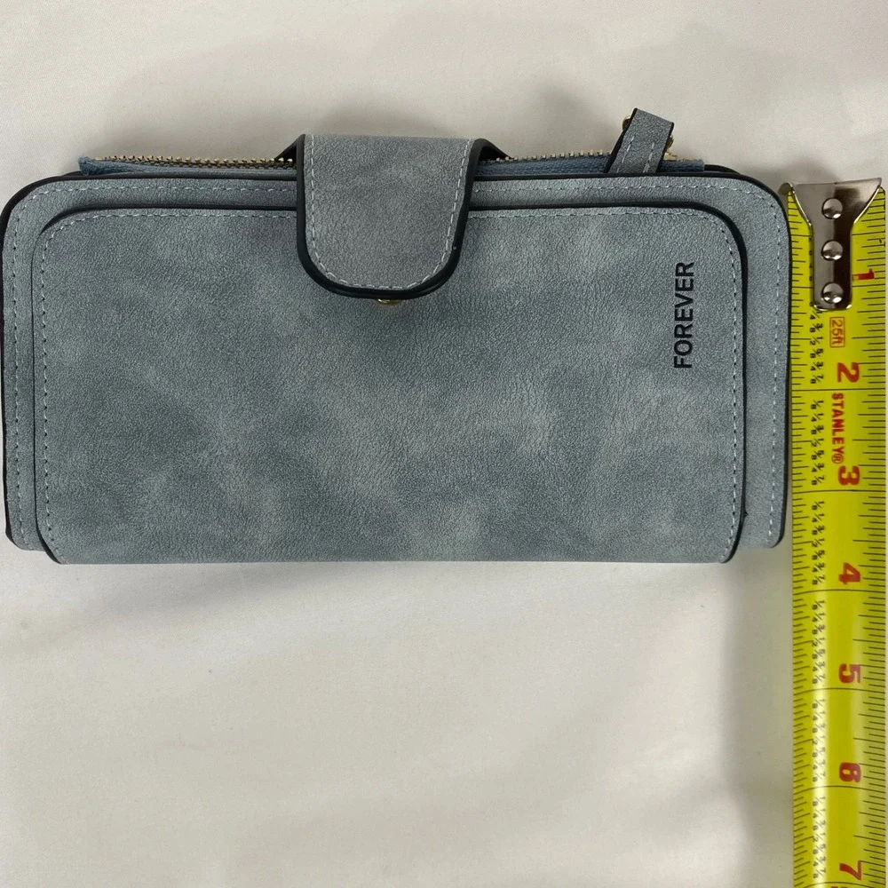 Womens Wallet Blue Faux Suede Bifold Zip Around Multi Card Holder ID Window NWT‎